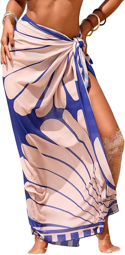 Herseas Women Sheer Sarong High Slit One Size Swimsuit Coverups 2026 Summer Floral Print Chiffon ... | Amazon (US)