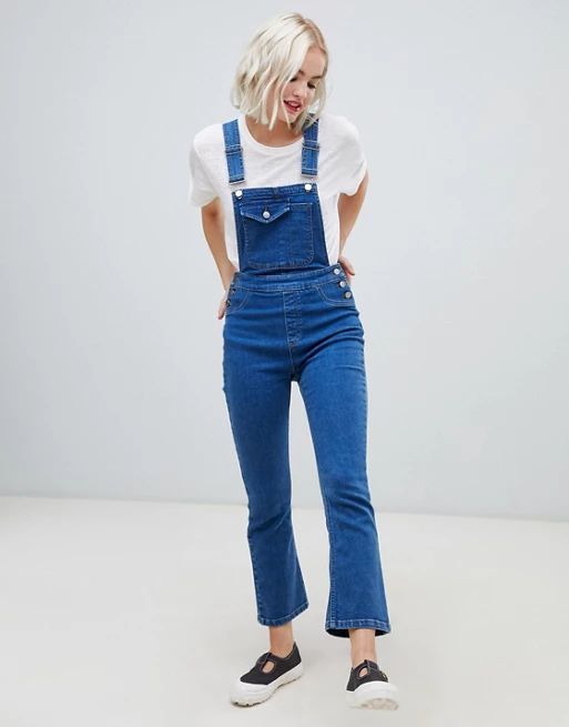 ASOS DESIGN denim overall with kickflare in midwash blue | ASOS US