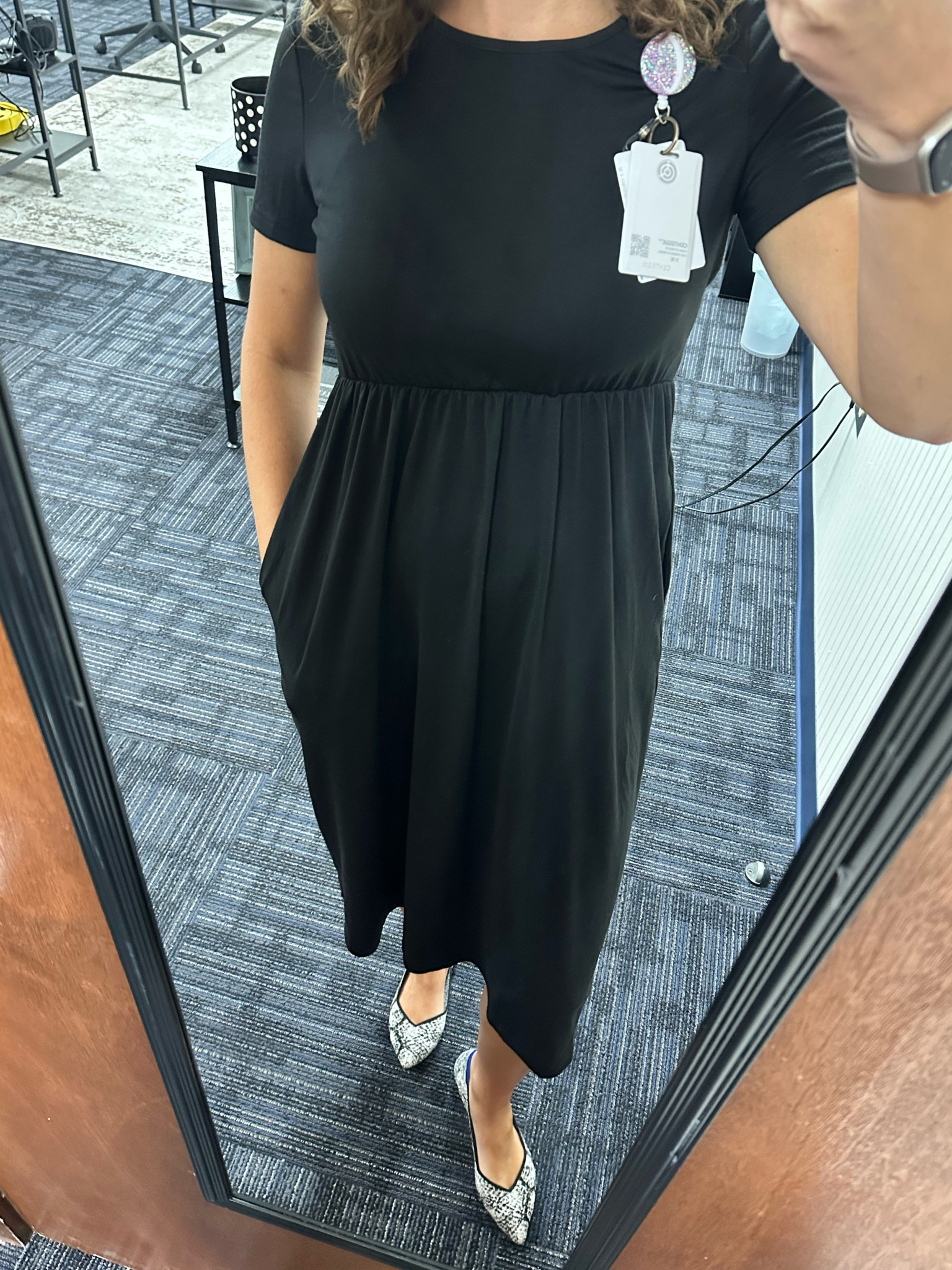 Perfect simple black dress. Midi length, with sleeves, stretchy waistband, and pockets!! Sign me up because this makes the perfect Teacher outfit! 
I’m wearing a size Small(4). Paired them with my snakeskin Rothys.

#teacheroutfits #teacherootd 

#LTKworkwear #LTKunder50