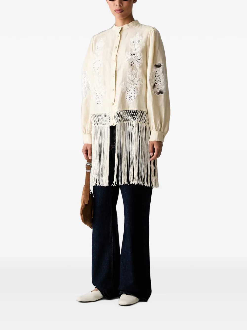 FARM Rio fringed broderie-anglaise shirt - Neutrals | Farfetch Global