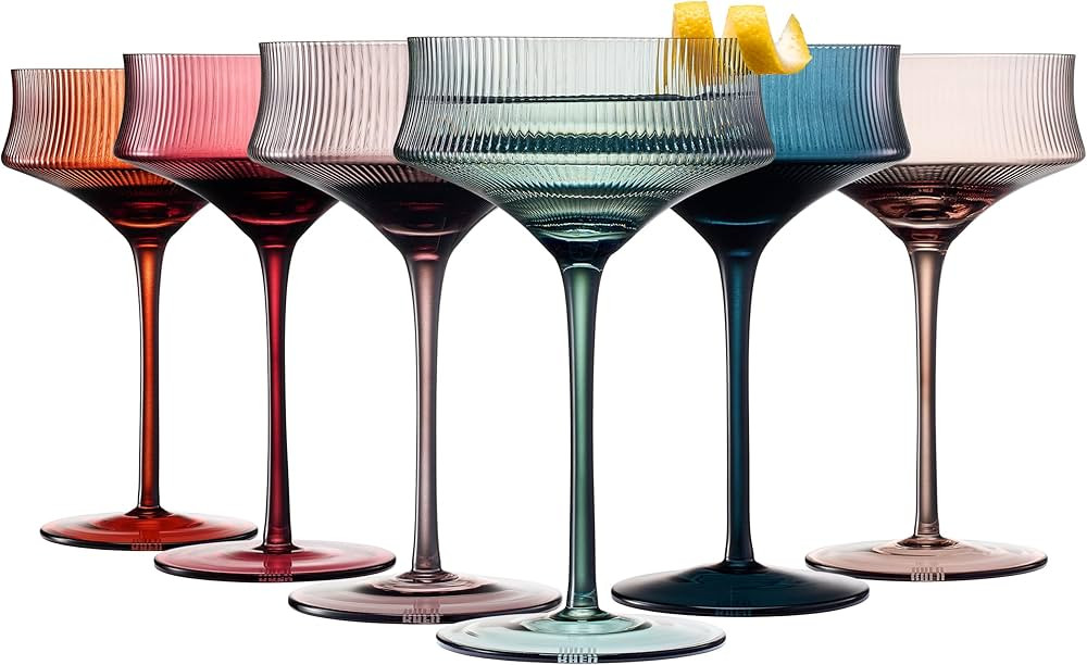 Beautiful Colored Angled Ribbed Coupe Glasses - Martini, Cocktail & Champagne Ripple Glasses 7oz ... | Amazon (US)