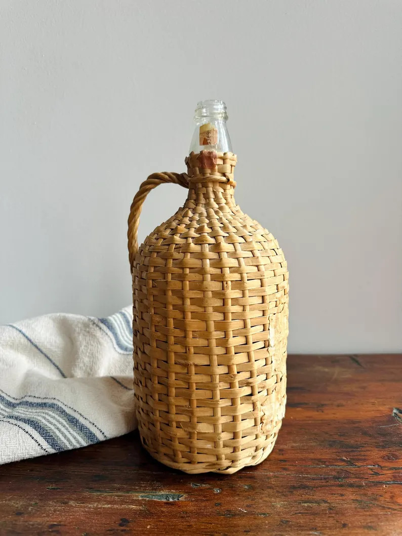 Vintage Demijohn Bottle | Round Wine Bottle With Wicker Casing & Handle | Vintage Glass | Small F... | Etsy (Global)