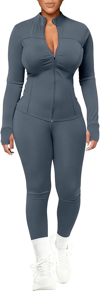 UOUA Womens Workout Set Two Piece Outfits Bodycon Long Sleeve Zipper Jacket & Leggings for Gym Tr... | Amazon (US)