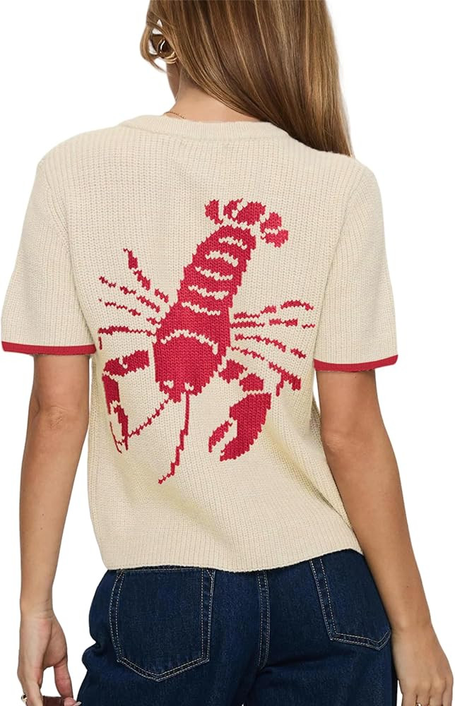 Women's Lobster Print Crop Sweater Cardigans Short Sleeve Button Down Knitted Shirts Vintage Chun... | Amazon (US)
