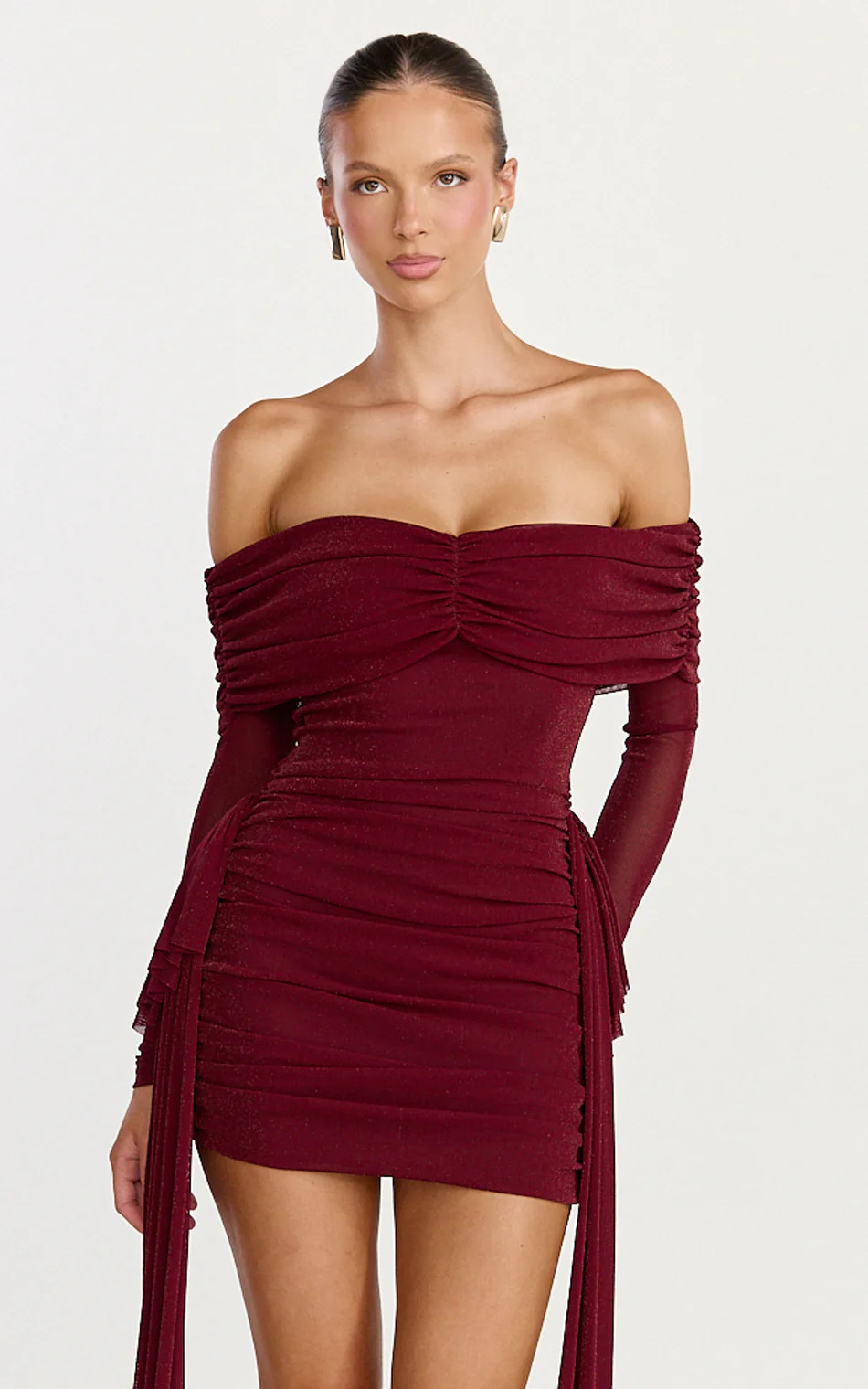 Long Sleeve Off Shoulder Lurex Mesh Dress in Wine | Showpo (US, UK & Europe)