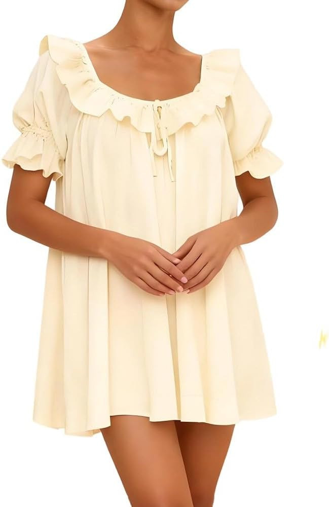 Women Puff Sleeve Babydoll Dress Square Neck Flowy Mini Dress Bow Tie Ruffle A Line Short Dress S... | Amazon (US)