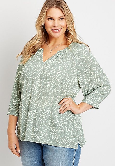 Plus Size Leopard Dot 3/4 Sleeve Peasant Top | Maurices