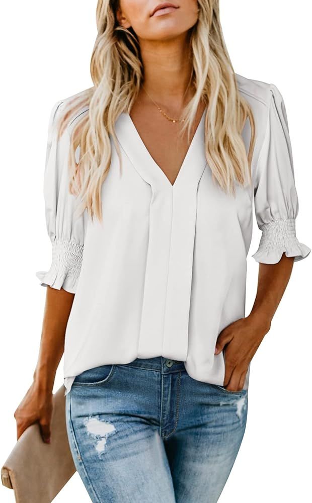 EVALESS V Neck Blouses for Women Dressy Casual Summer Puff Ruffle Short Sleeve Shirt Tops | Amazon (US)
