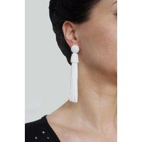 White Earrings, Long Earrings, Beaded Tassel Earrings. Sterling Silver Studs. Handmade Oscar De La R | Etsy (US)