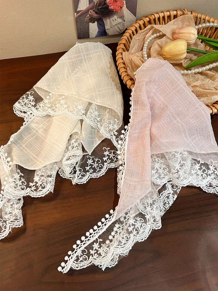 2pcs Women White And Pink Retro Floral Lace Triangle Scarf Headband, Fashionable And Versatile Fl... | SHEIN