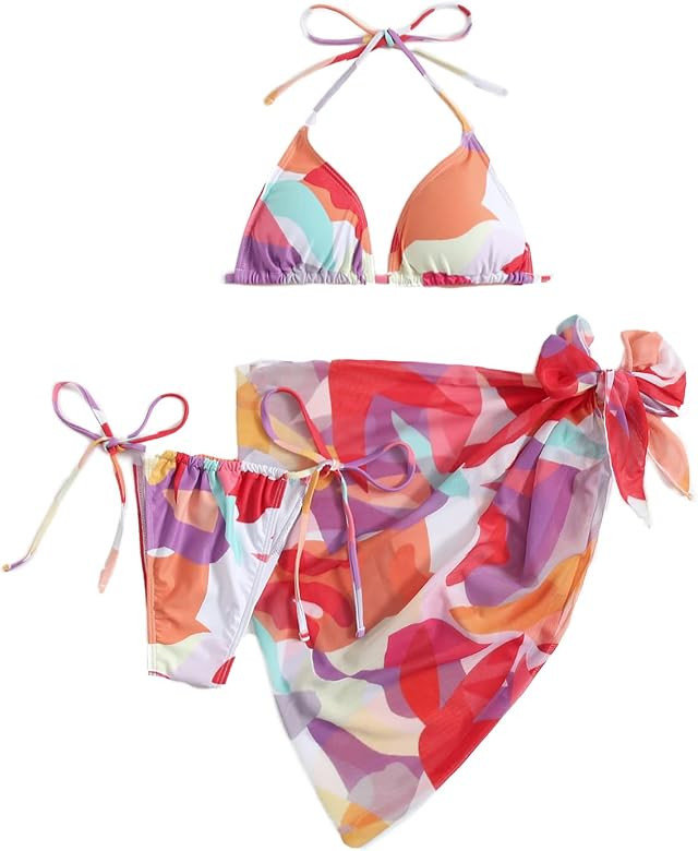 SOLY HUX Women's Wrap Triangle Bikini Bathing Suits with Mesh Beach Skirt 3 Piece Swimsuits | Amazon (US)