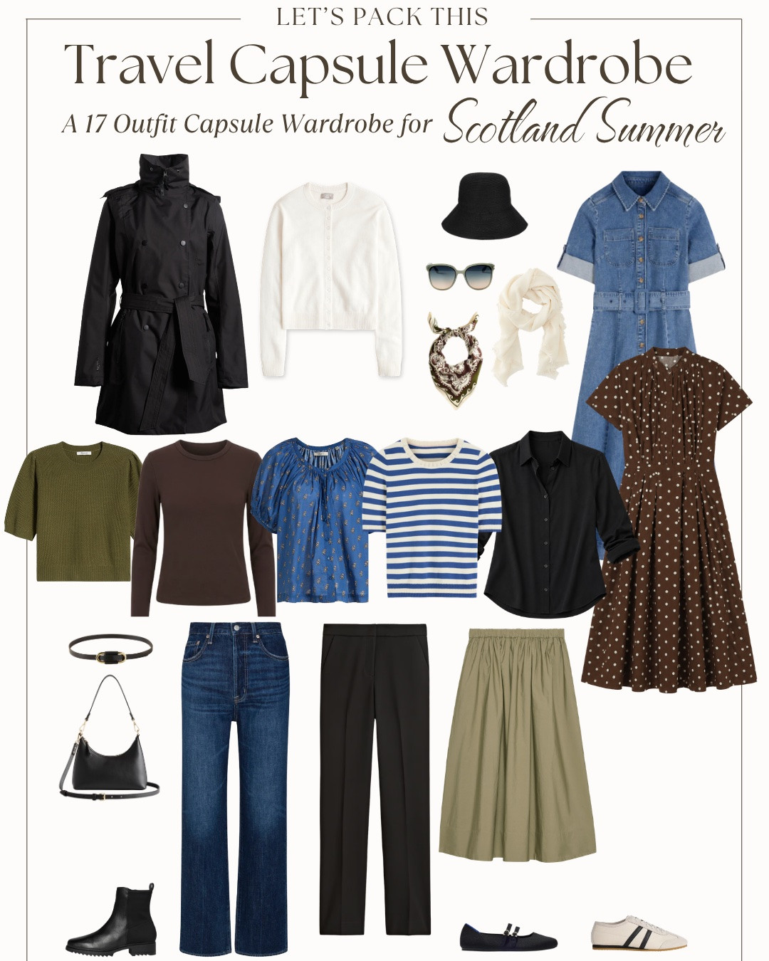 This travel capsule wardrobe was designed for a summer trip to Scotland—long sightseeing days, ever-changing weather, and evenings that almost always call for an extra layer.

Expect temperatures from 48–68°F, with frequent wind and passing showers.

Here’s your packing list:

5 tops — varying sleeve lengths and fabric weights let you adapt to changing temperatures. Wear them on their own on warmer days or under your cardigan and waterproof coat when the weather cools.

3 bottoms — every top works with every bottom, creating plenty of outfit combinations while keeping your suitcase light.

2 dresses — easy one-and-done outfits for milder days, sightseeing, or dinner.

2 layers — a cardigan for cool mornings and evenings, a waterproof coat for rain, and the ability to wear both together when temperatures drop.

3 shoes — a comfortable walking shoe, a waterproof boot, and a dressier flat to cover every occasion.

Crossbody bag

Accessories — a scarf, belt, jewelry, hat, and sunglasses add versatility without taking up much space.

12 clothing pieces mix and match into 15 outfit combinations—and it all fits in your carry-on.

Not headed to Scotland? This capsule also works beautifully for Ireland, Northern England, and coastal Norway in summer, where cool temperatures, changing weather, and long sightseeing days call for the same layering strategy.

#LTKOver40 #LTKTravel