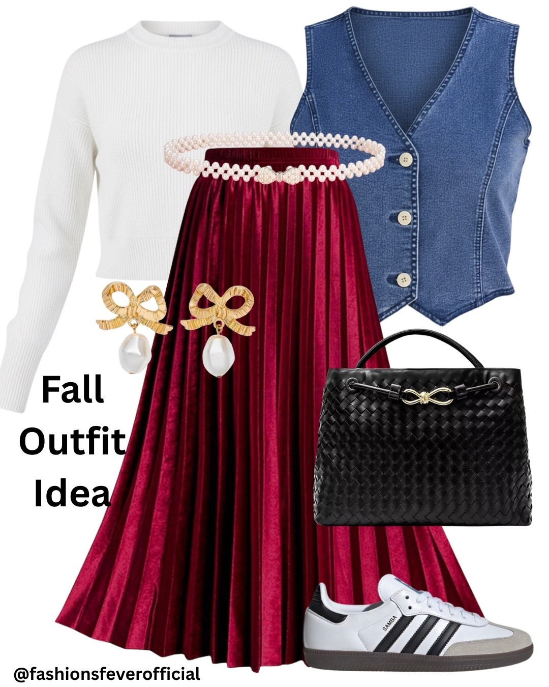 Fall Outfit Ideas For Women In 2025. The white knit sweater top, paired with a blue denim sophisticated vest and a metallic wine red pleated skirt. To accentuate the look add the pearl belt. Adidas Samba and the black woven bag elevates the look further! Perfect for fall casual, parties or weekend look.
#ltkfashion #ltkfall #ltkskirts

#LTKSeasonal #LTKStyleTip #LTKParties