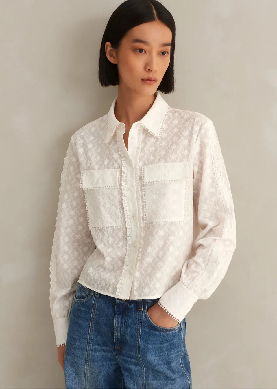 Cotton Broderie Cropped Jacket Blouse | ME+EM US