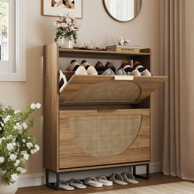Large Rattan Shoe Storage Cabinet with 2 Flip Drawers | Target
