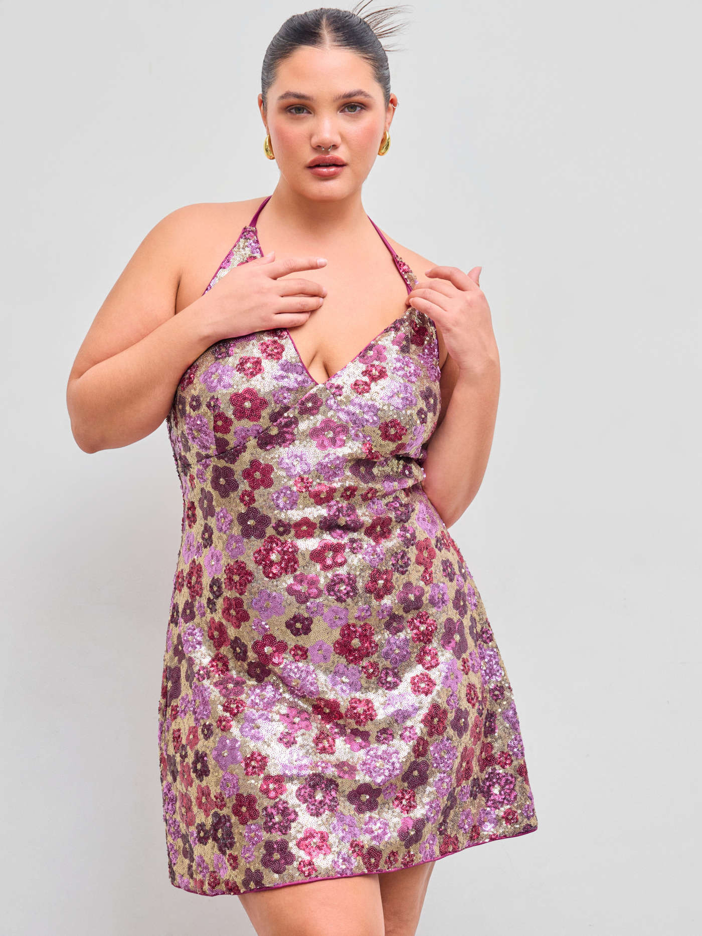 Sequin Halter V-neck Floral Knotted Mini Dress Curve & Plus | Cider