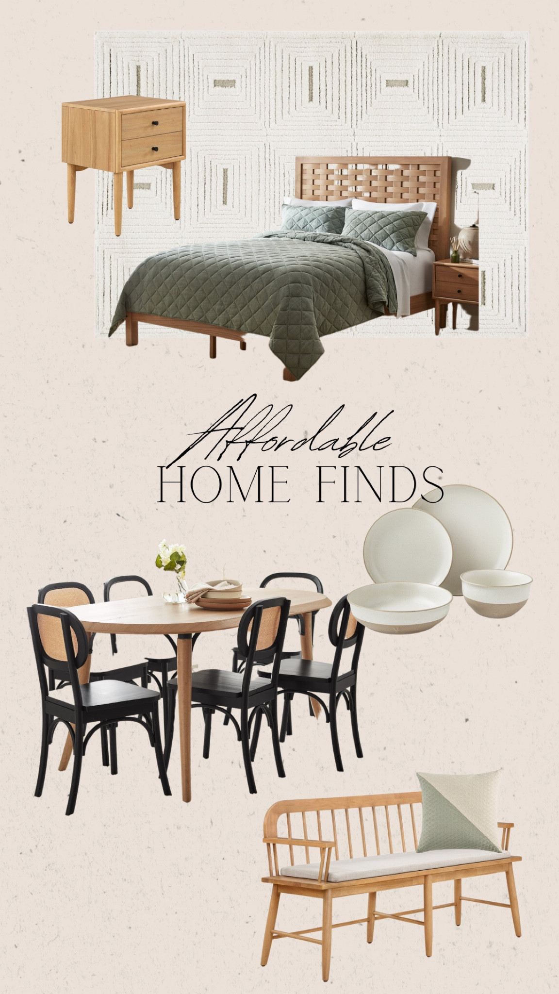 Affordable Home Finds! Dining room table, black chairs, rattan chairs, bedroom decor, headboard, bedroom night stands, kitchen plates, kitchen decor, bedroom rug, dining room inspo, bedroom inspo. 

#LTKfamily #LTKstyletip #LTKhome