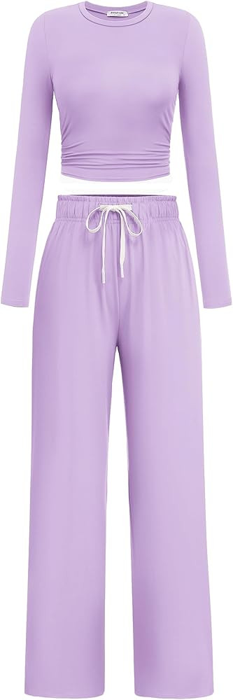 PINSPARK Women 2 Piece Lounge Set Long Sleeve Cropped Top Wide Leg Pants with Pockets 2024 Fall O... | Amazon (US)