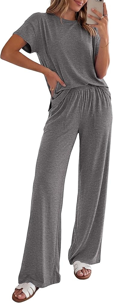 PRETTYGARDEN Women's 2026 Summer 2 Piece Matching Lounge Sets Short Sleeve Shirts Tops Wide Leg P... | Amazon (US)