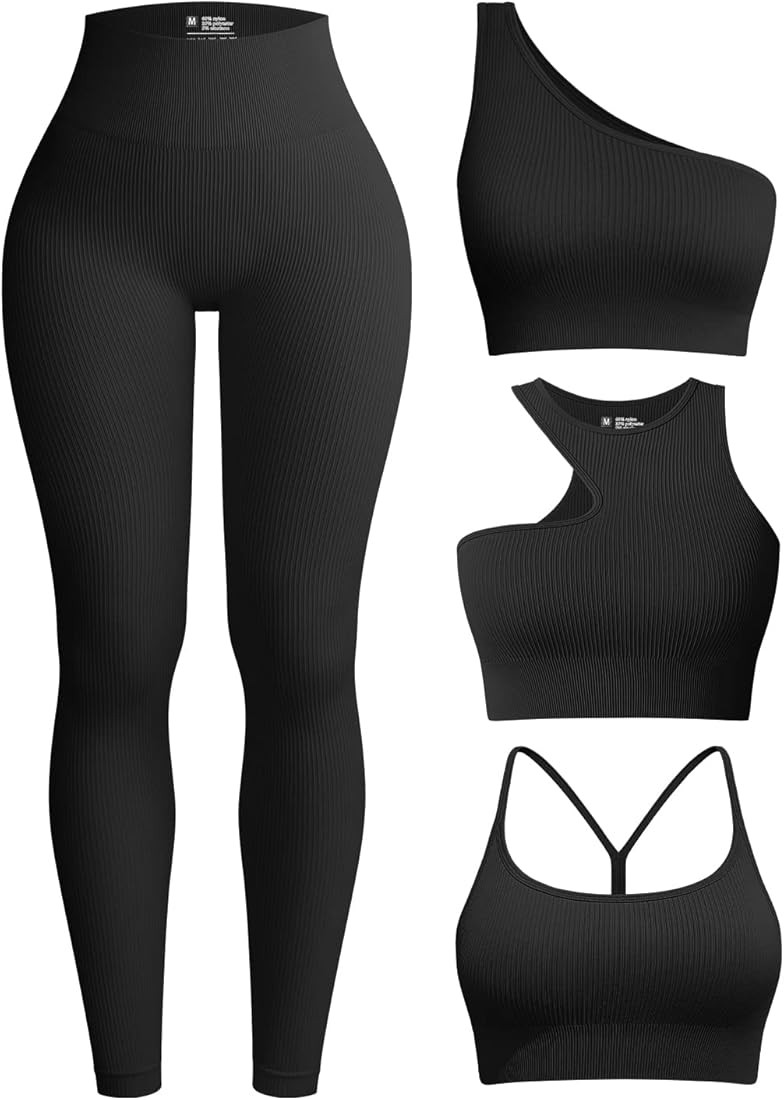 OQQ Women's 4 Piece Workout Ribbed Yoga High Waist Legging 3 Crop Sports Exercise Set Bra Outfit, Black, Medium | Amazon (US)