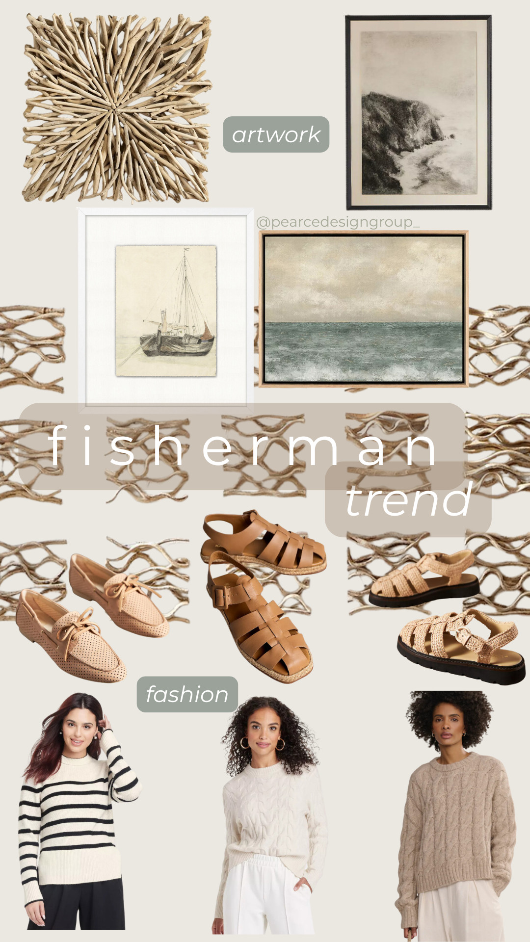 As a coastal design firm, we are loving the fisherman trend. We're giving you some coastal artwork options, and also diving into this fashion trend with nautical fisherman sweaters, sandals for Spring (so close!), and boat shoes. Oh my! What do you think? Would you try this trend? 

 #LTKHome #LTKFindsUnder100 #LTKShoeCrush