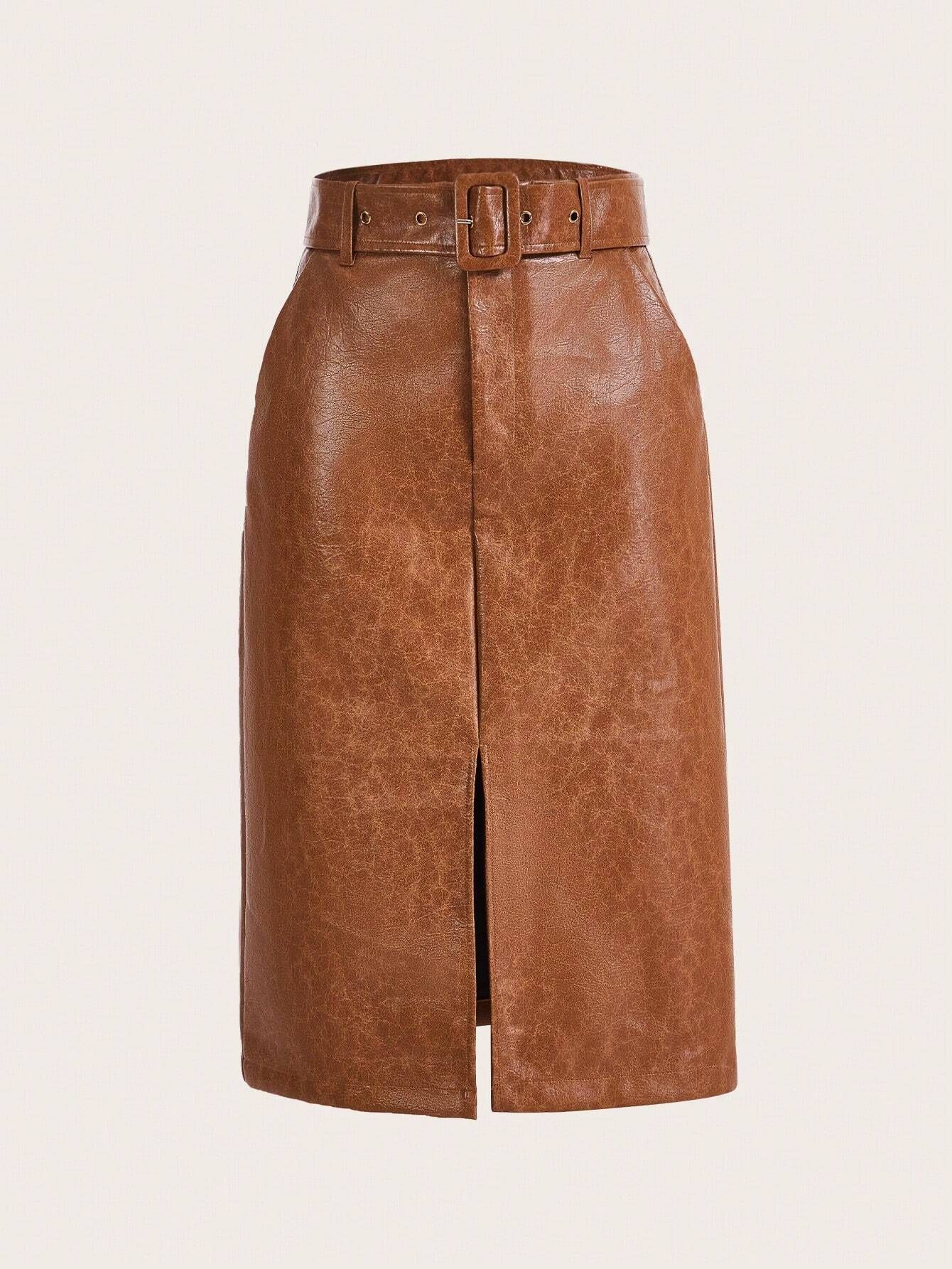 SHEIN BIZwear Split Hem Belted PU Leather Skirt | SHEIN