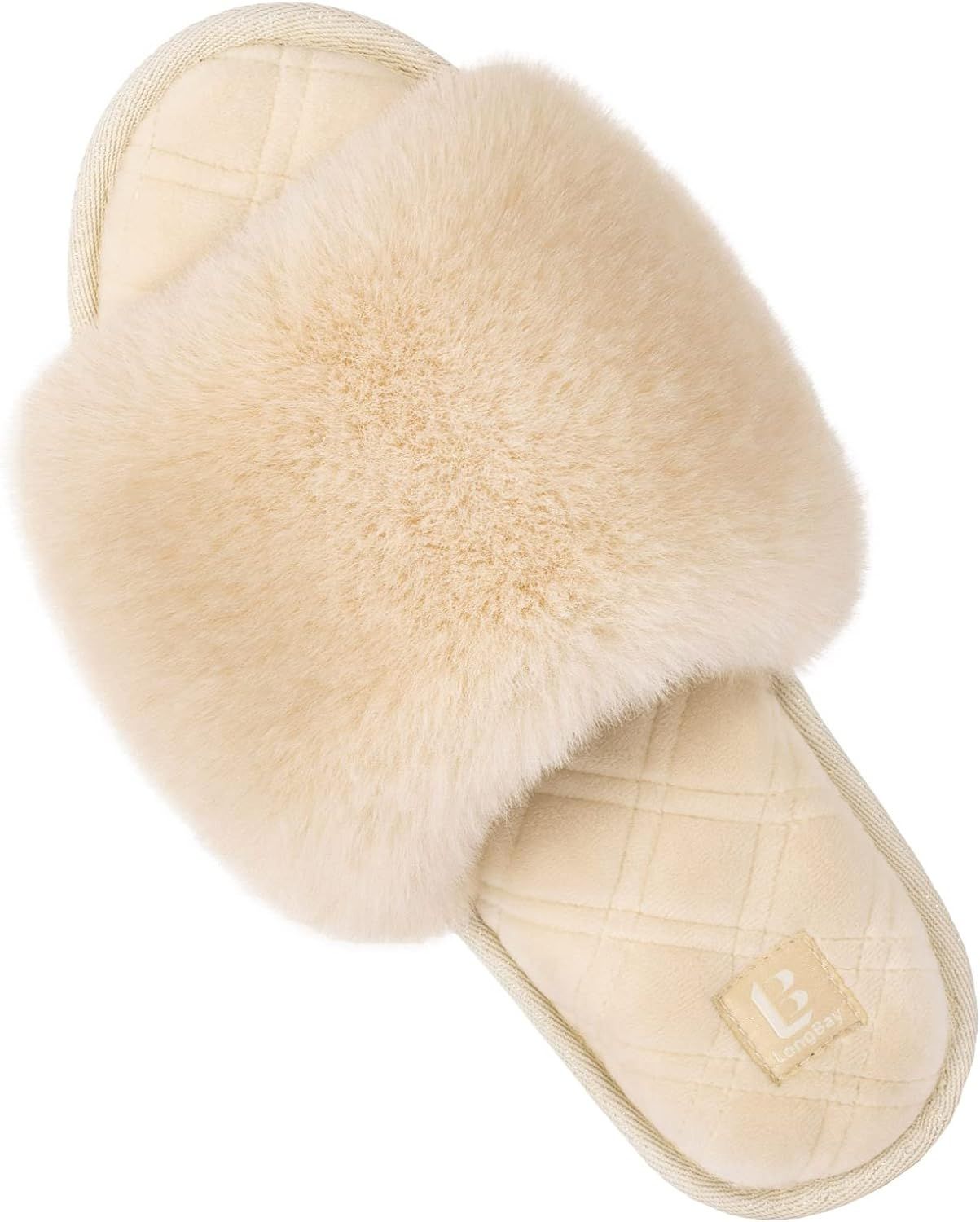 Amazon.com | LongBay Women's Fuzzy Faux Fur Memory Foam Cozy Flat Spa Slide Slippers Comfy Open T... | Amazon (US)