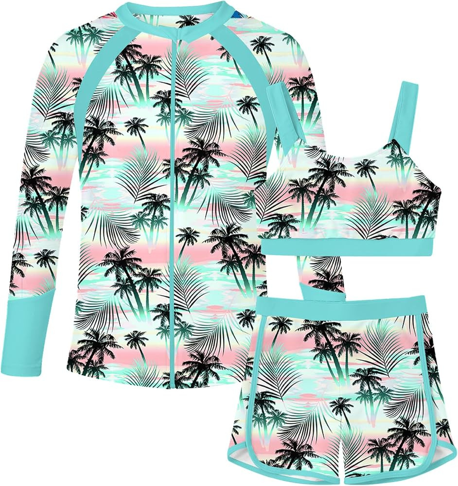 Girls Swimsuits 3 Piece Rash Guard Bathing Suit Set 5-12 Years Long Sleeve Zipper Bikini Swimwear... | Amazon (US)