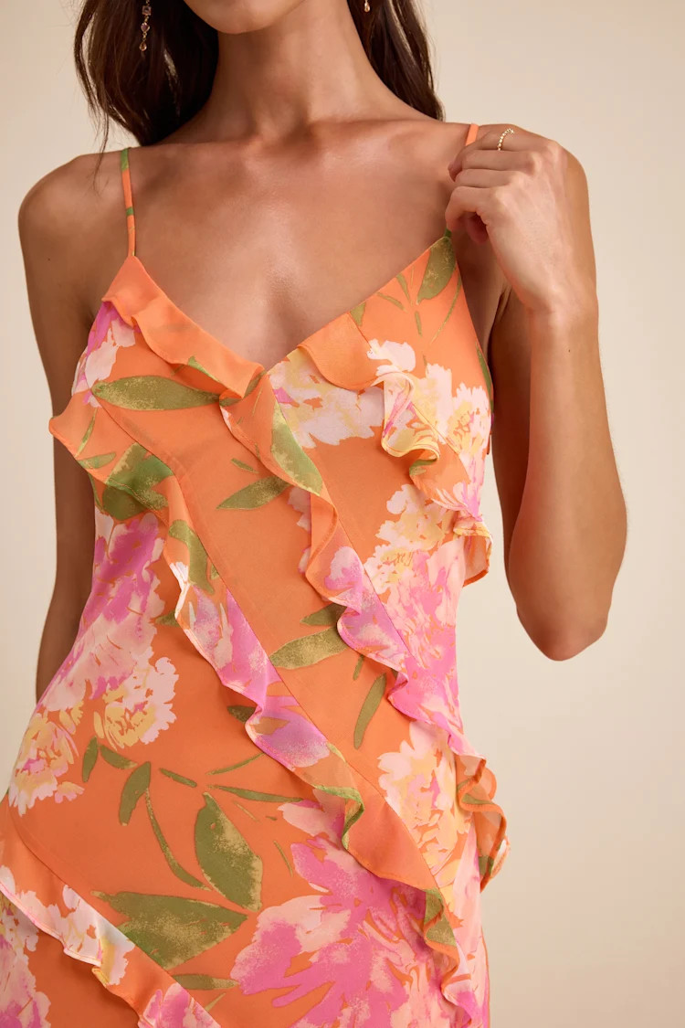 Zarina Orange Multi Floral Ruffled Maxi Dress | Lulus