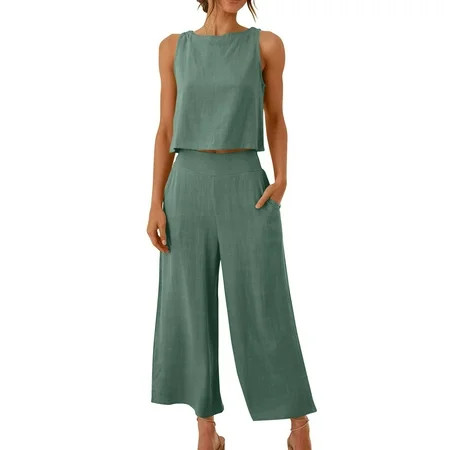 Summer Sets Women 2 Piece Outfits Casual Beach Outfits for Women Clothing Set Female Round Neck Sleeveless Tops Pants Sets Casual Pant Style S_132 Women s Tracksuits Green 5XL | Walmart (US)
