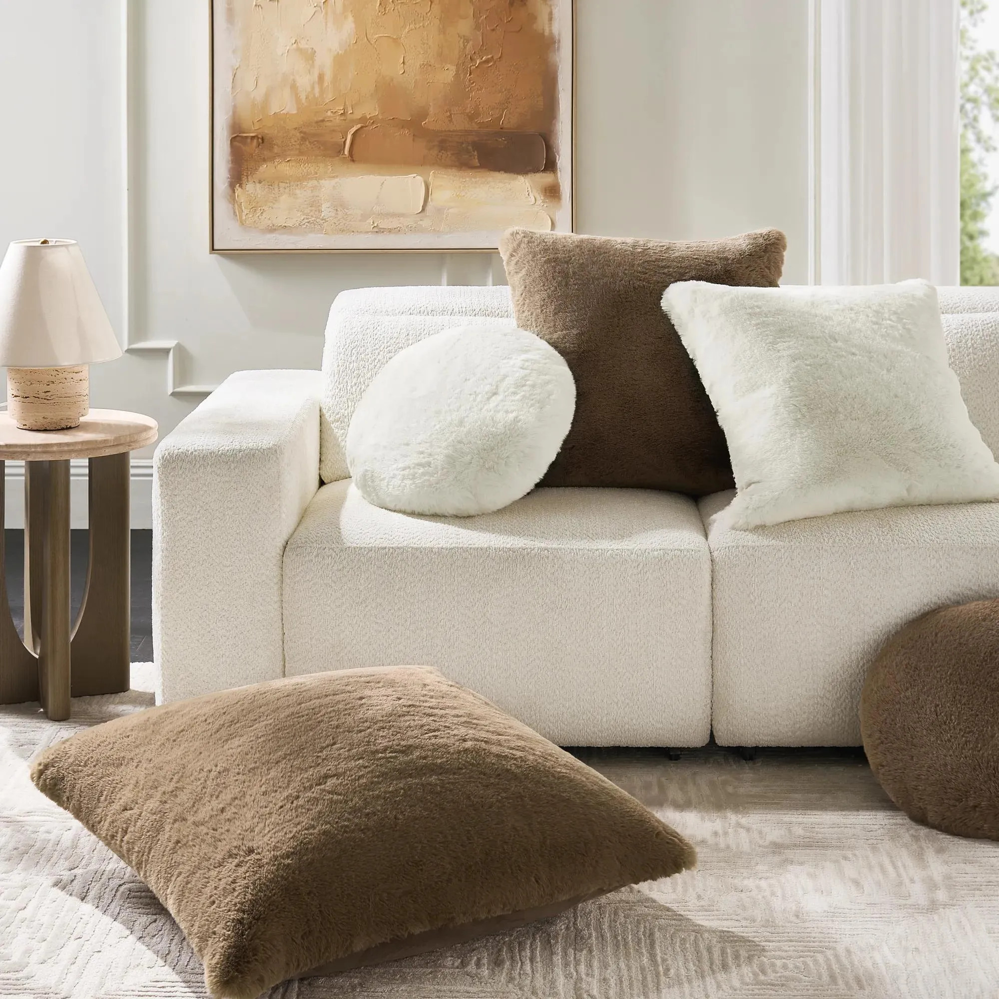 Shay Faux Fur Floor Pillow | Mocha | Z Gallerie | 30" X 30" | Front 100% Polyester fur - Back 100% Polyester velvet | Z Gallerie