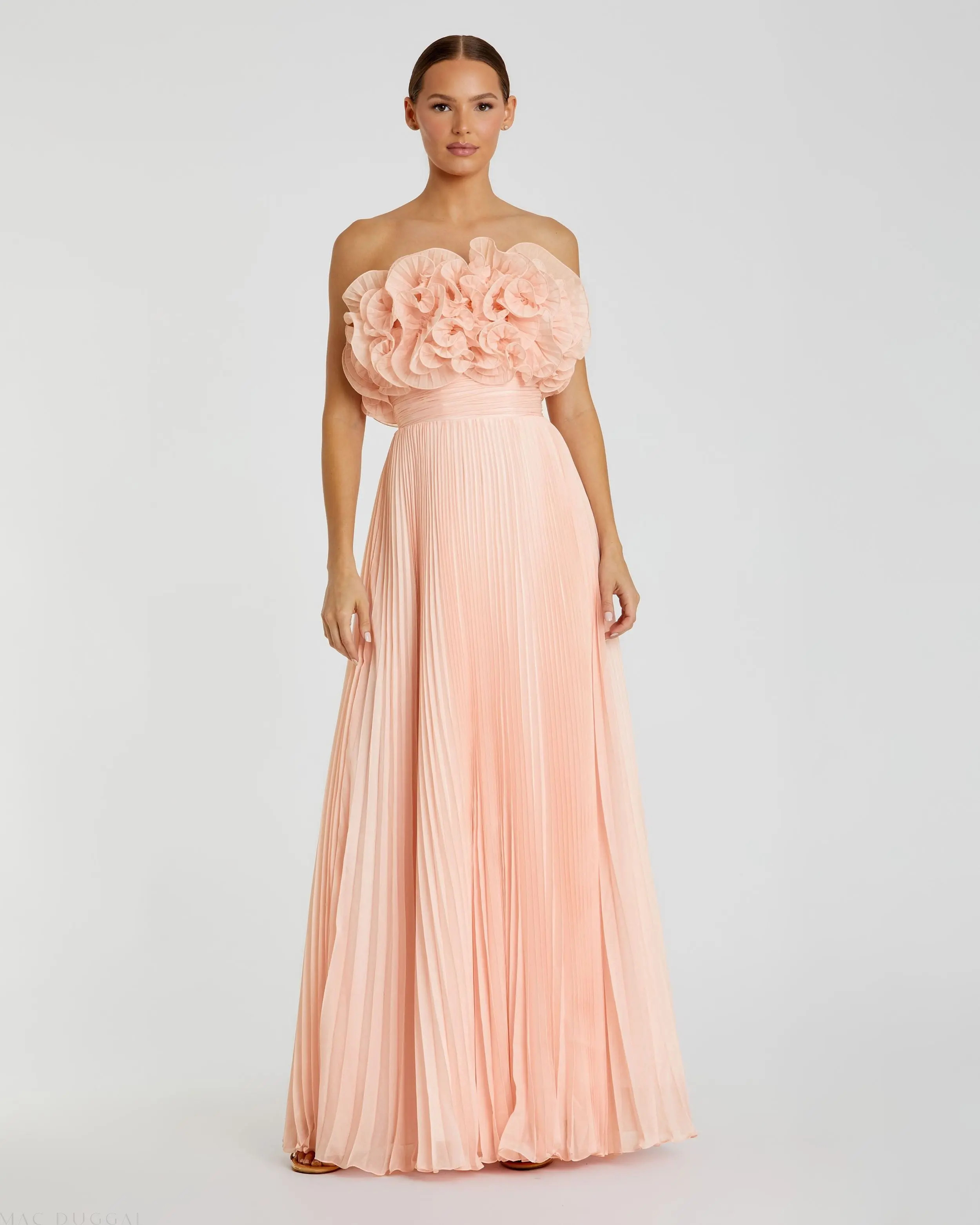 Mac Duggal - Pink Pleated Chiffon Strapless Gown With Ruffles - Blush / US 4 | Mac Duggal