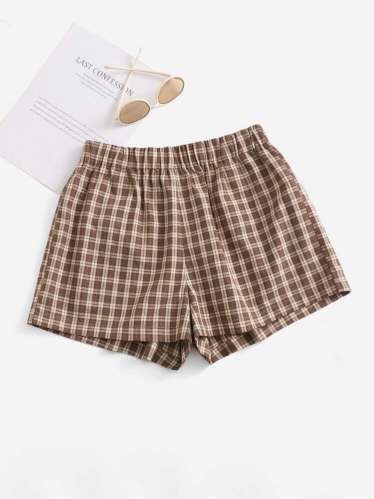 SHEIN EZwear Elastic Waist Plaid Shorts | SHEIN