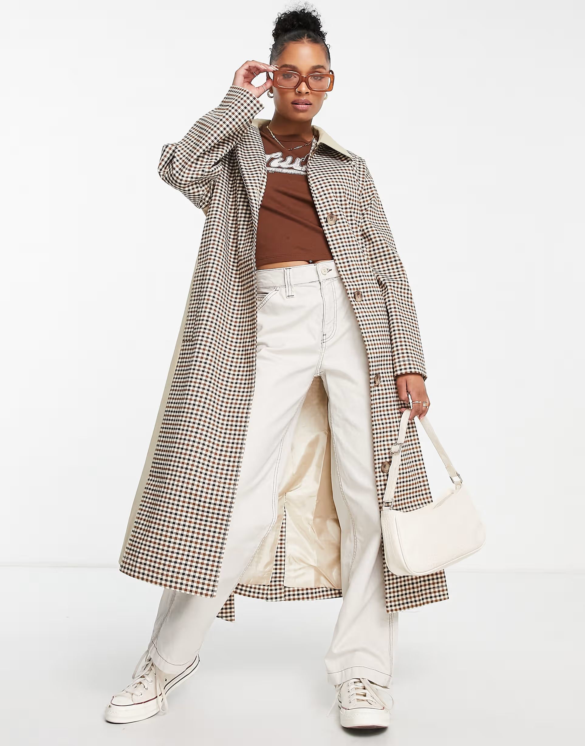 ASOS DESIGN Petite plaid trench coat in stone | ASOS (Global)