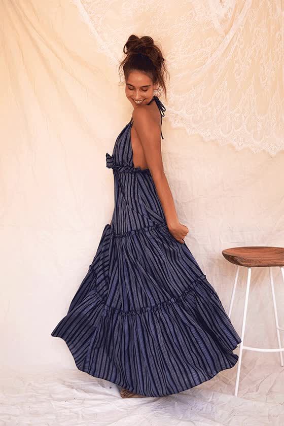 Vacay Babe Grey Striped Halter Maxi Dress | Lulus (US)