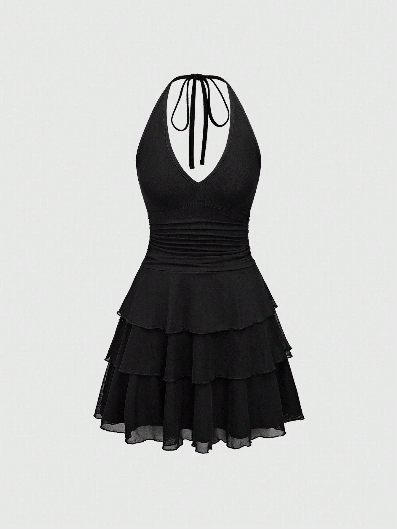 ROMWE Grunge Punk Sexy Short Neck Halter Tie Bow Cake Dress, Multi-Layered & Slimming Solid Color... | SHEIN