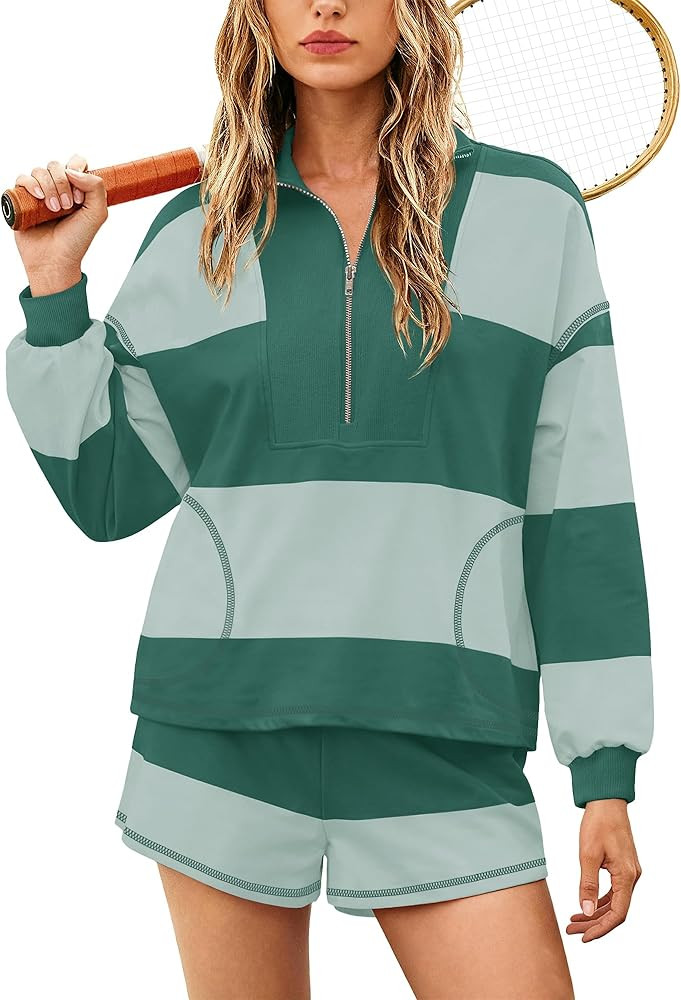 Yanekop Womens Oversized Striped Set Matching Workout Sets Lounge Sets 2 Piece Outfits Half Zip P... | Amazon (US)