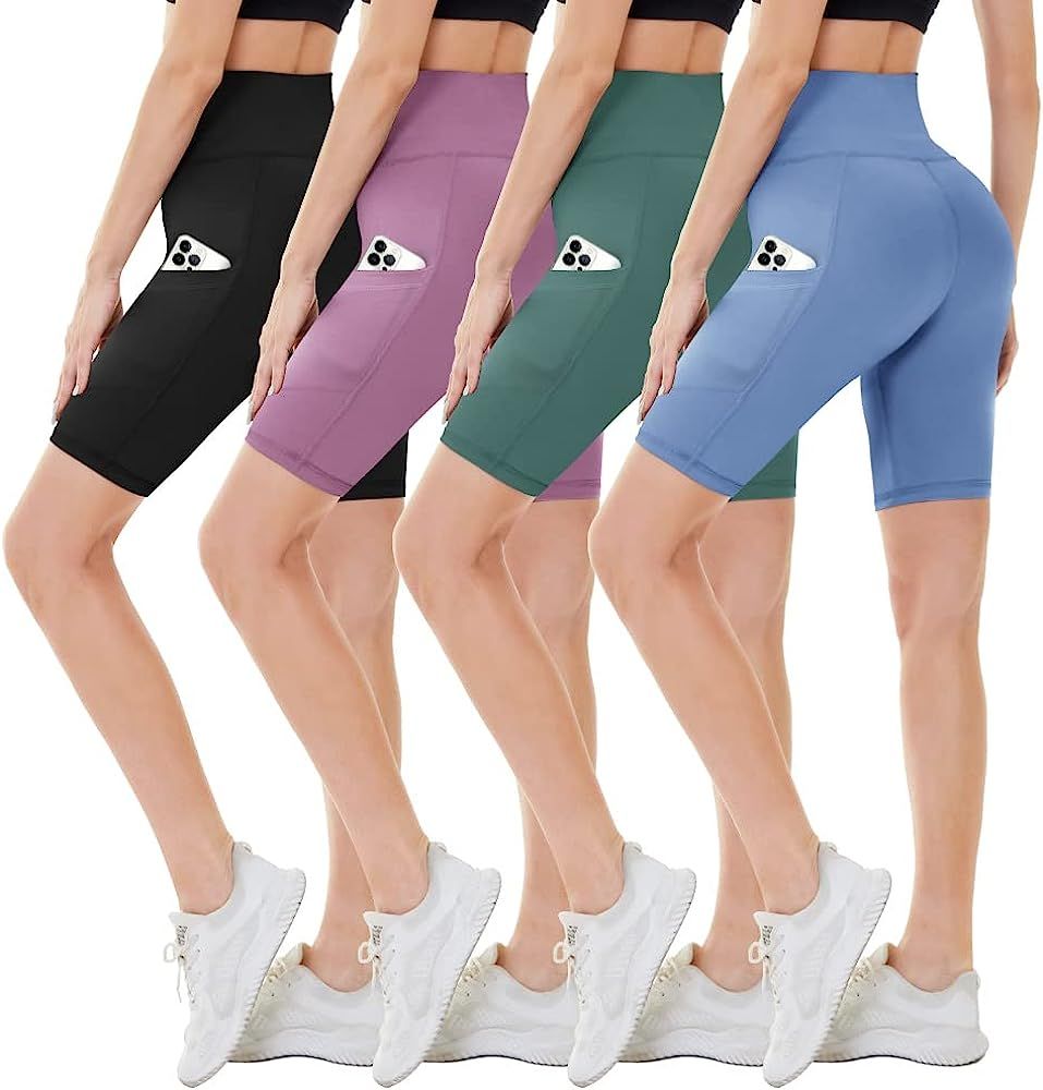 CAMPSNAIL 4 Pack Biker Shorts for Women – 8" High Waist Tummy Control Workout Yoga Running Compressi | Amazon (US)