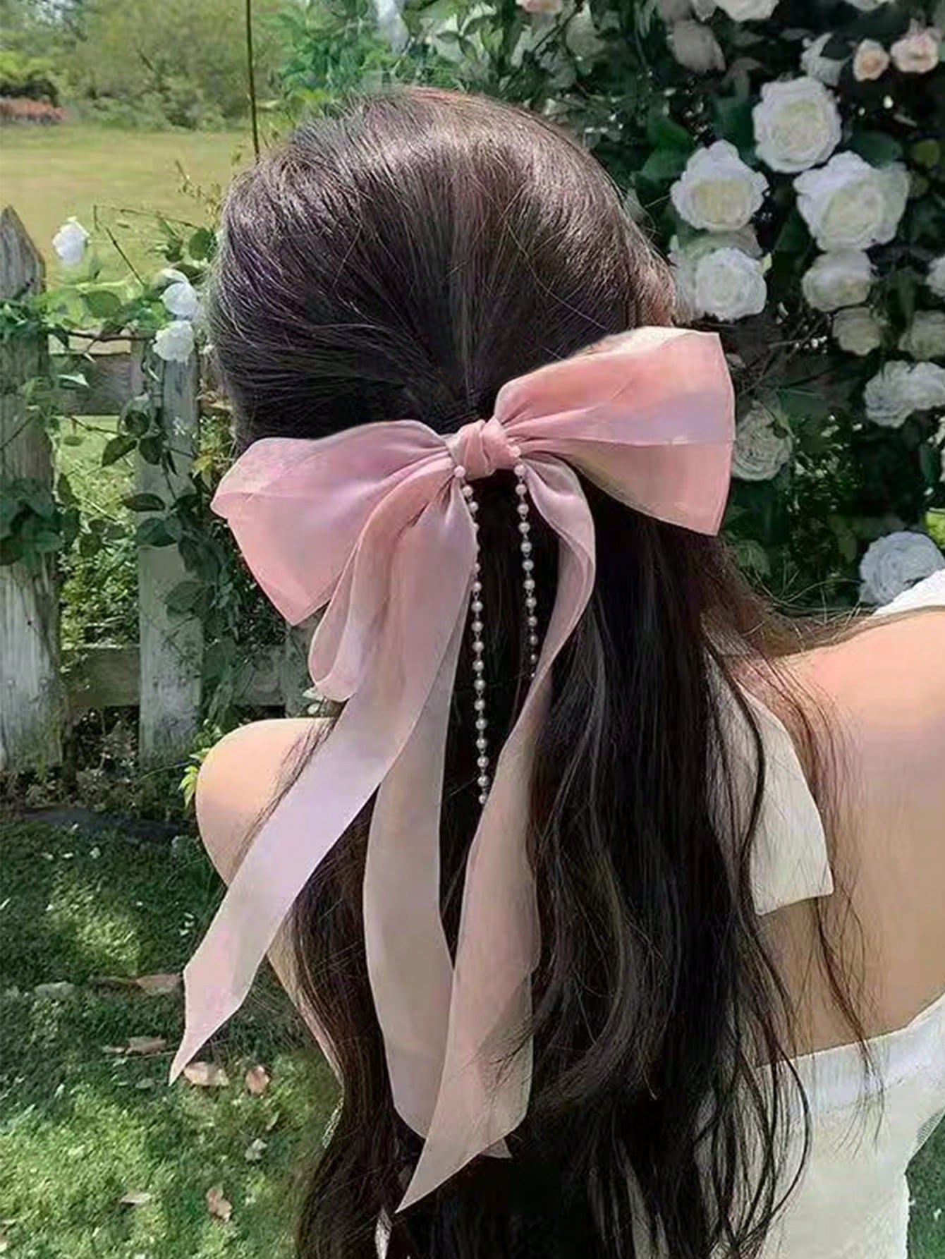 1pc Ladies' Pink Butterfly Ribbon Bow Hair Clip With Pearls & Tassels Decoration, Suitable For Da... | SHEIN