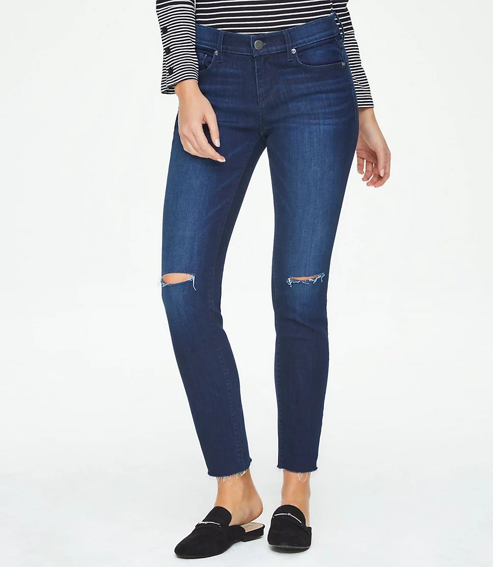 Petite Curvy Destructed Fresh Cut Skinny Jeans in Royal Rinse Wash | LOFT Outlet