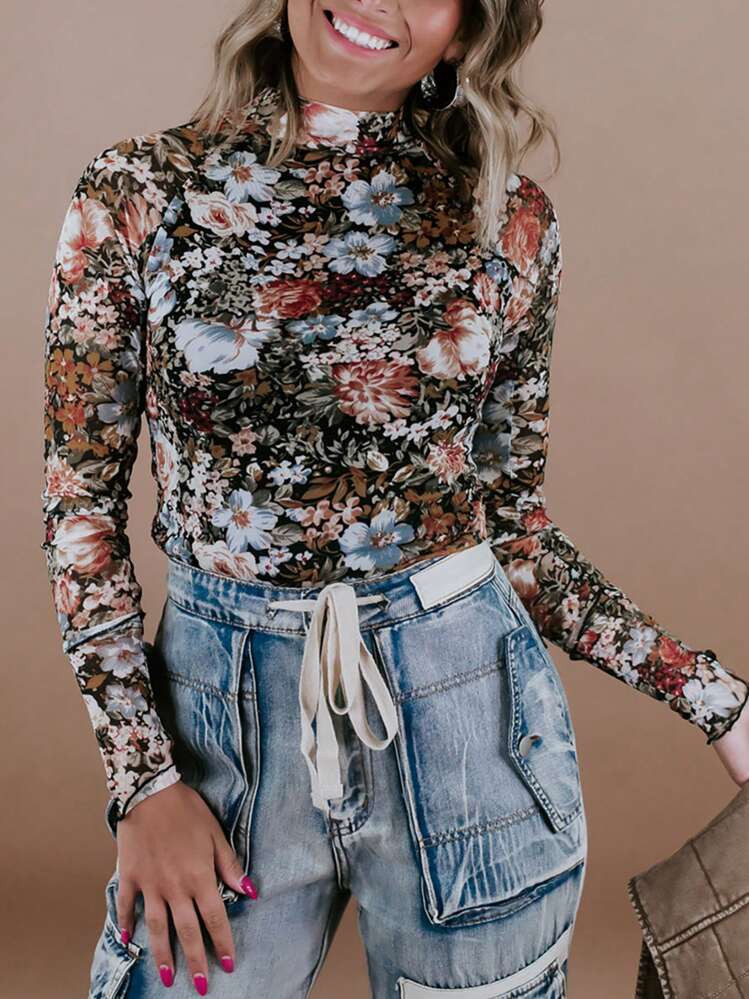 Brown Floral Long Sleeve High Neck Sheath Mesh Blouse | SHEIN