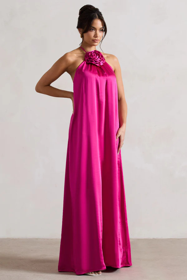 Everleigh  Dark Pink Satin Relaxed Fit Maxi Column Dress With Corsage | Club L London