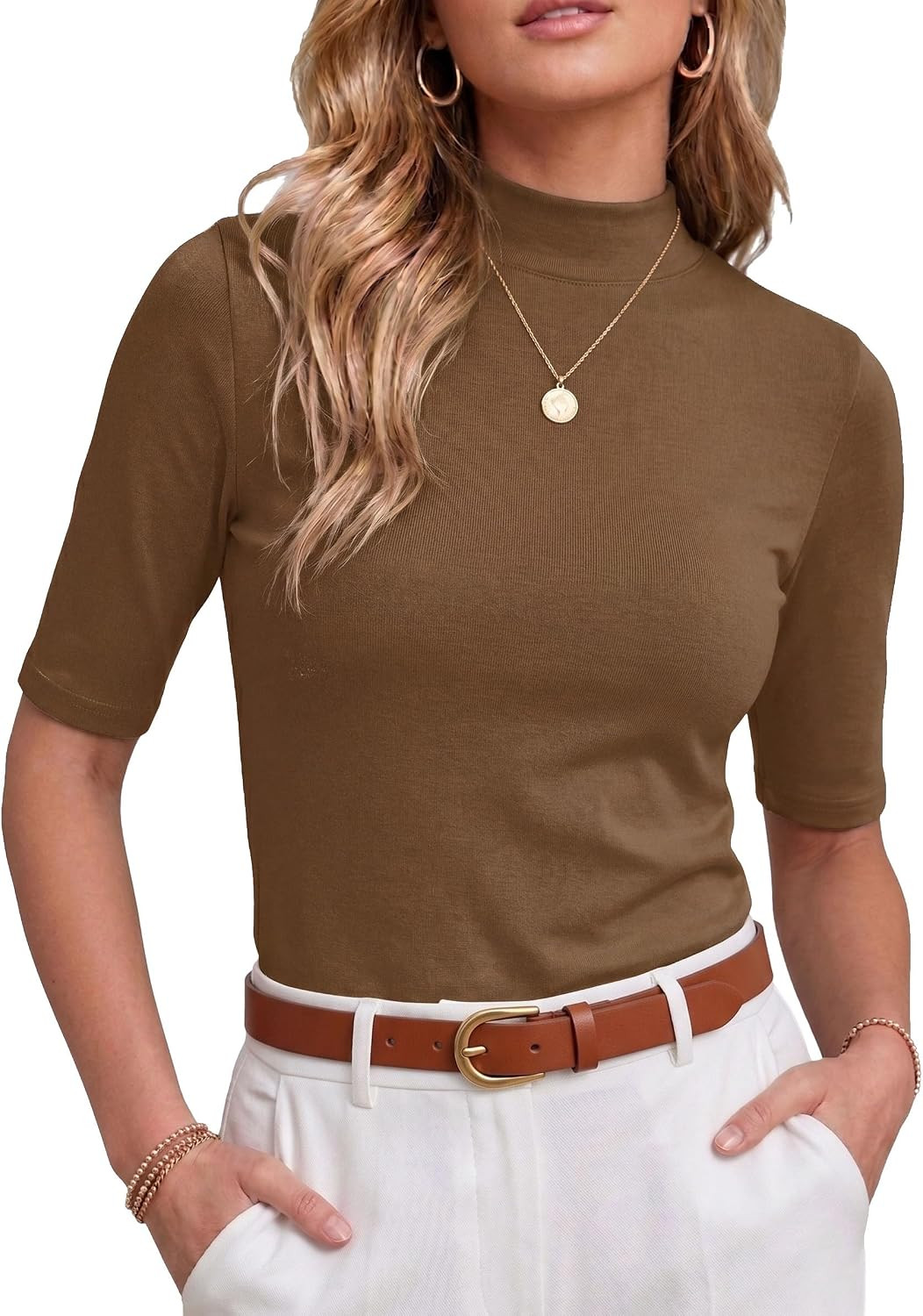 PrinStory Womens Tops Mock Neck Short Sleeve T Shirts Dressy Casual Ribbed Knit Slim Fit Summer Business Going Out Tops 2026 | Amazon (US)