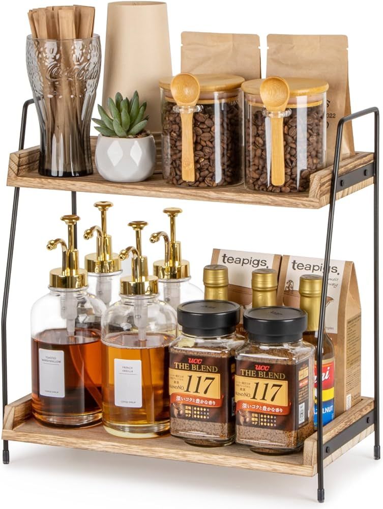 Countertop Coffee Station Organizer, 2 Tier Wooden Shelf for Coffee Bar Accessories, Condiment St... | Amazon (US)