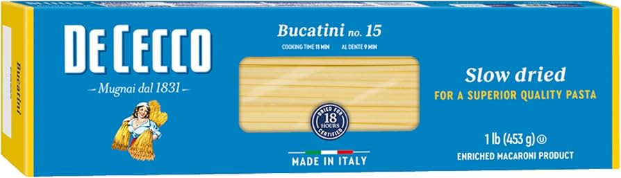 De Cecco Bucatini No. 15 Pasta, 16 Oz, Authentic, Slow Dried, Made with Semolina and Durum Wheat,... | Amazon (US)