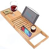 Luxury Bamboo Bathtub Caddy Tray - Adjustable Natural Wood Bath Tub Organizer with Wine Holder, Cup  | Amazon (US)