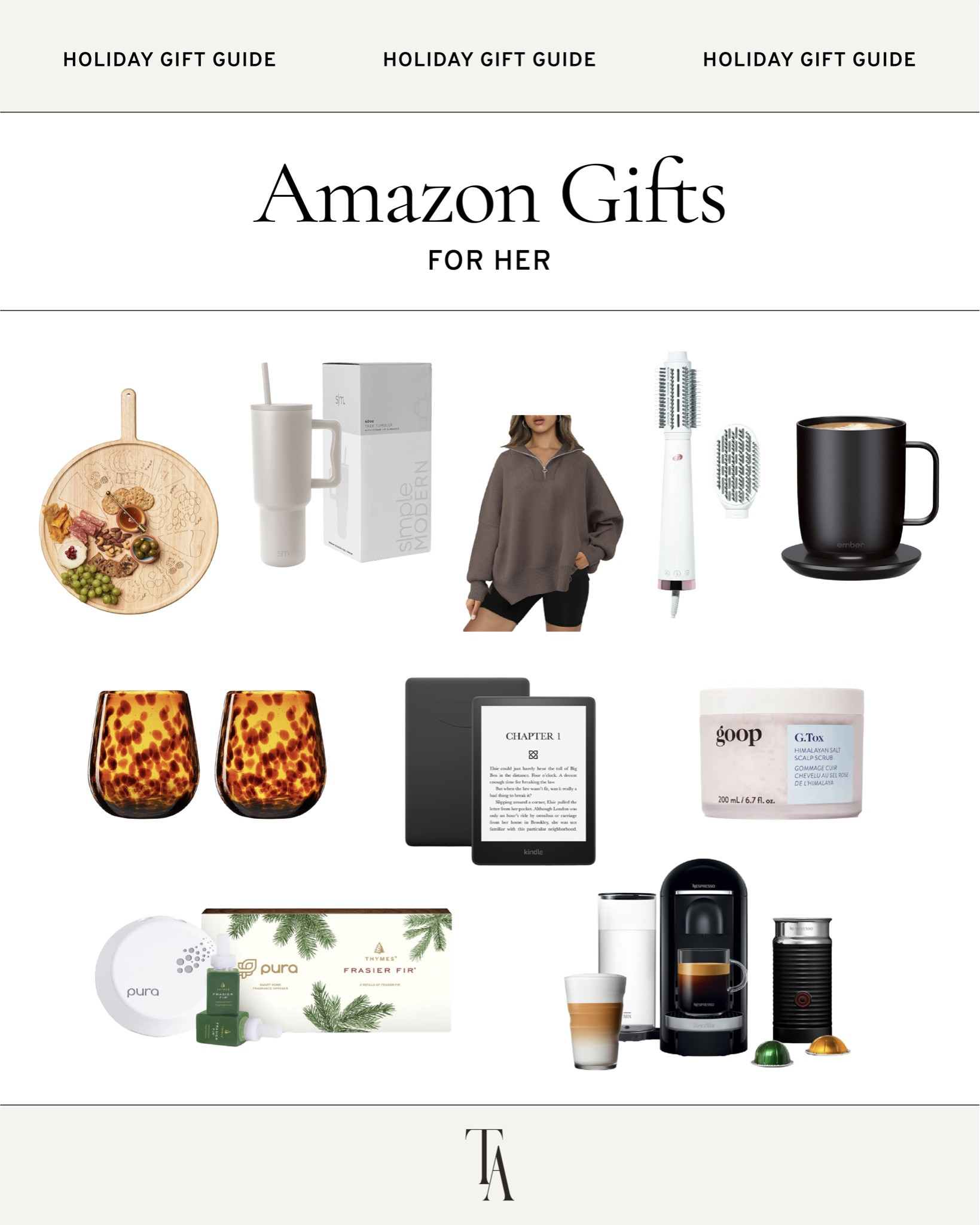 These gifts are perfect for any women on your list and they’re all from Amazon! 

A charcuterie board, 40 oz tumbler, knit pullover, blowout brush, cute wine glasses, a fancy scalp scrub, Nespresso, Pura (with Frazier fir of course), Kindle, and self-heating coffee mug. 

#LTKCyberWeek #LTKGiftGuide #LTKfindsunder100