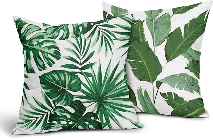 Set of 2 Tropical Outdoor Pillows Palm Leaf Throw Pillow Covers Banana Leaves Cotton Linen Pillow... | Amazon (US)