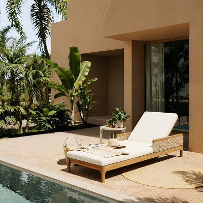 Outdoor Acacia Wood Patio Chaise Lounge with Beige Cushions and Wicker, Outdoor Sun Lounger for Garden, Deck & Poolside Relaxation-Panipeachy | Target