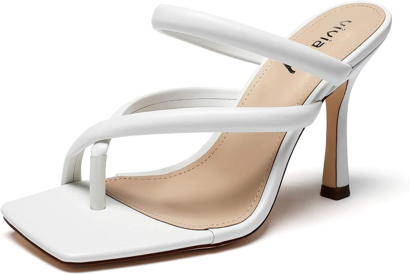 vivianly Women's Thong Heels Sandals Square Open Toe Strappy Heeled Sandal Slip on High Heel Summ... | Amazon (US)